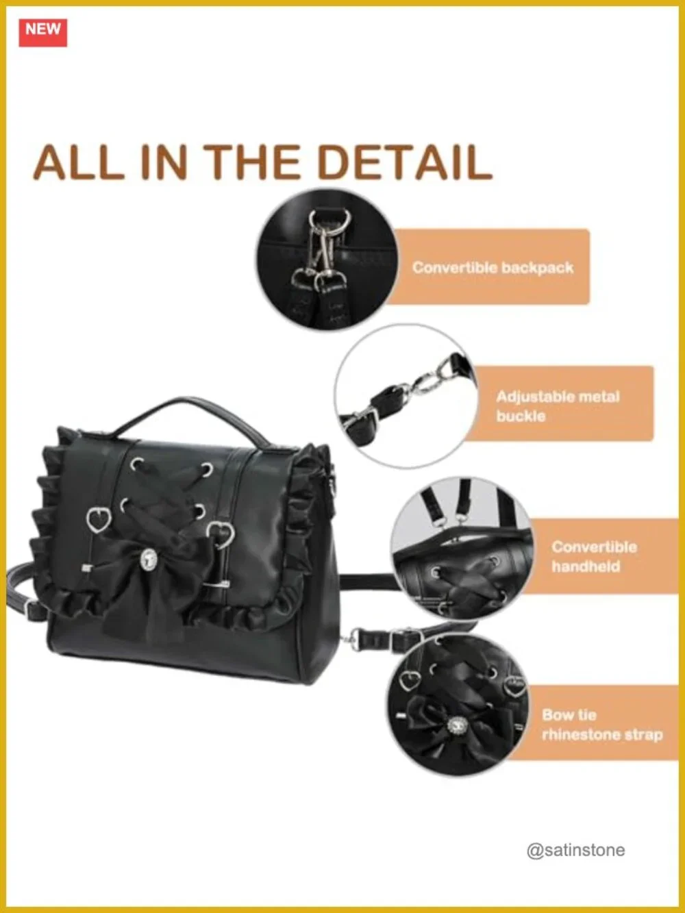 3-Way Convertible Gothic Lolita Backpack - PU Leather Satchel Crossbody Bag